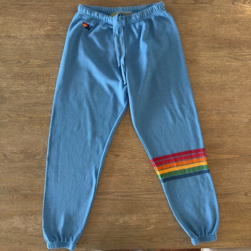 Aviator Nation 5 Stripe Retro Surf Sweatpant Fleece Jogger-Sky Blue-Size Med